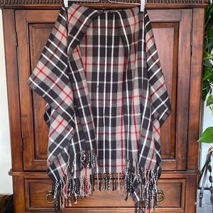 Long Plaid Blanket type Cape twisted fringe at hem